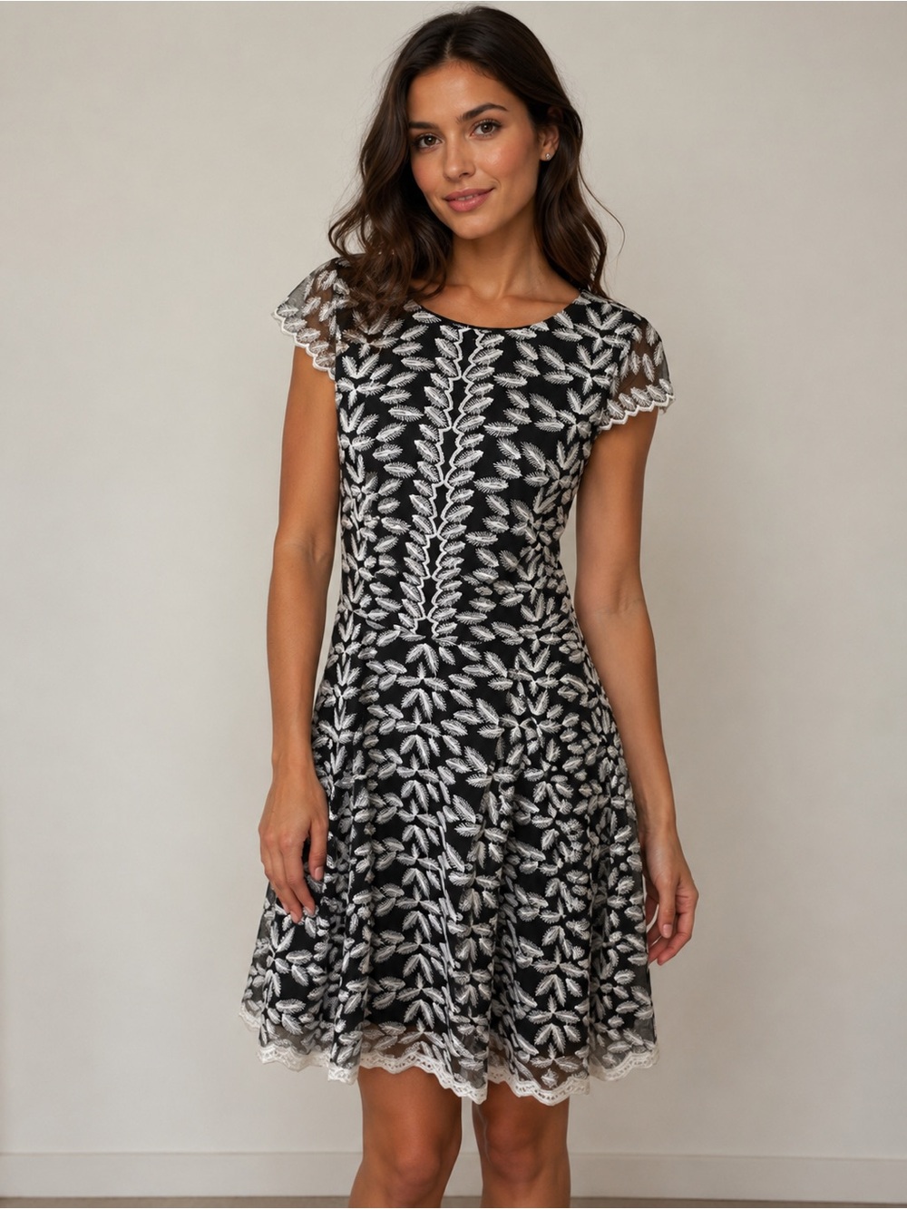 Jax Black Dress with White Leaf Lace Overlay